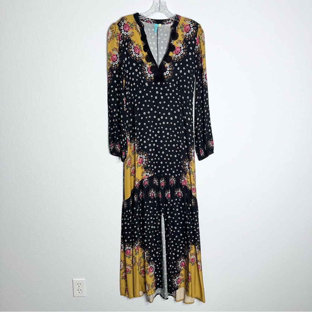 FARM Rio Black and Yellow Floral Polka Dot Long Sleeve Maxi Dress - Picture 3 of 10
